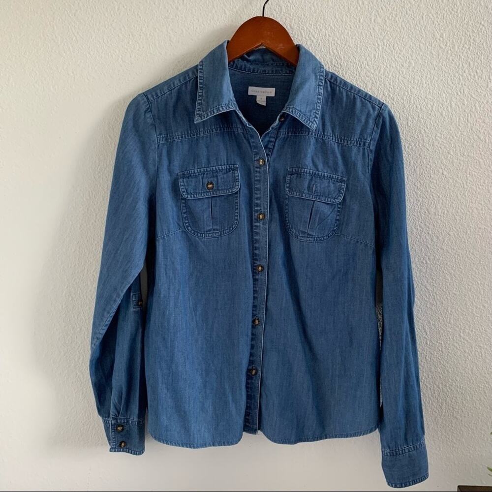 Charter Club Denim Chambray Button Front Collared Top Front Pockets Blue 8